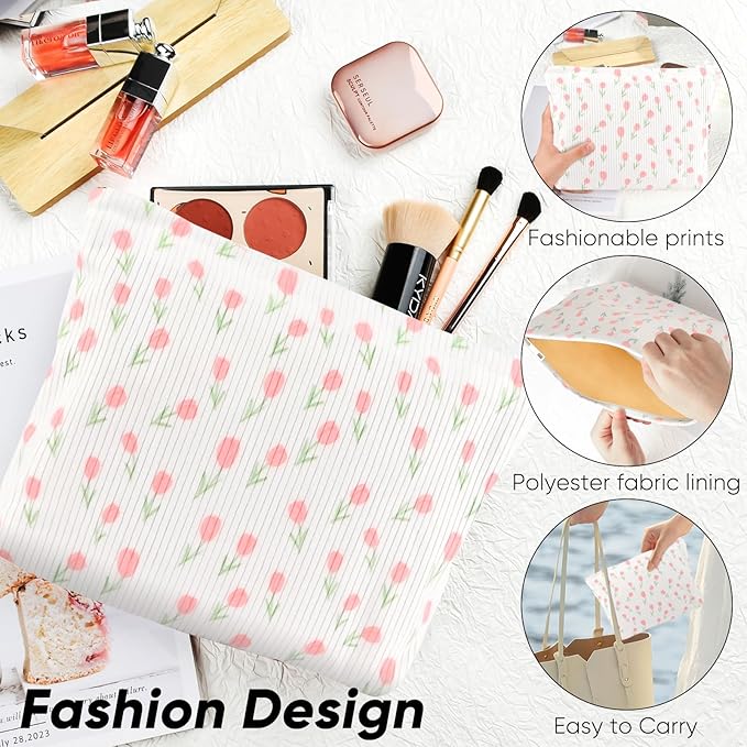 Ksriylm Cute Floral Makeup Pouch for Women Small Make Up Bag for Purse Zipper Initial Makeup Cosmetic Bags Pouches for Purse Aesthetic Travel Toiletry Bags, Pink Rose