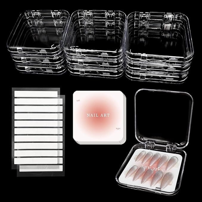 9 Pcs Press On Nail Storage Box, Transparent Acrylic Fake Nail Case with 9 Display Cards and 2 Sheets of Double-Sided Adhesive Tape (20 Strips) for Nail Art Home Salon Packaging Use