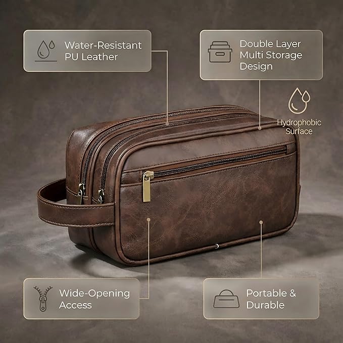 Men’s Toiletry Bag Travel Dopp Kit–double-deck Leather Water-Resistant Shaving Organizer Large Capacity, Double Compartments & Inner Pockets for Grooming, Bathroom & Gym Trip Toiletry Case(Coffee)