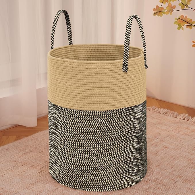 JMvicyroam Large Woven Laundry Basket Hamper,80L Cotton Rope Storage Bin for Blankets,Toys and Clothes,Decorative Tall Nursery Hamper for Living Room,Baby Nursery,Bathroom and Bedroom,Brown and Black