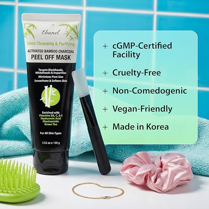 Ebanel Charcoal Peel Off Face Mask Applicator Set, Deep Pore Cleansing Minimizer Blackhead Remover with Niacinamide, Hyaluronic Acid, Vitamin C, Green Tea, Deep Cleanse Black Masks Peel Off Gel Mask