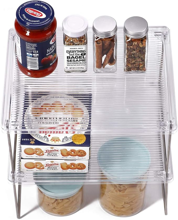 IVYHOME Pantry Organizer, Cabinet Storage Shelf Rack, Stackable Kitchen Cabinet, Foldable Countertop Shelf Organizer, 2 Pack