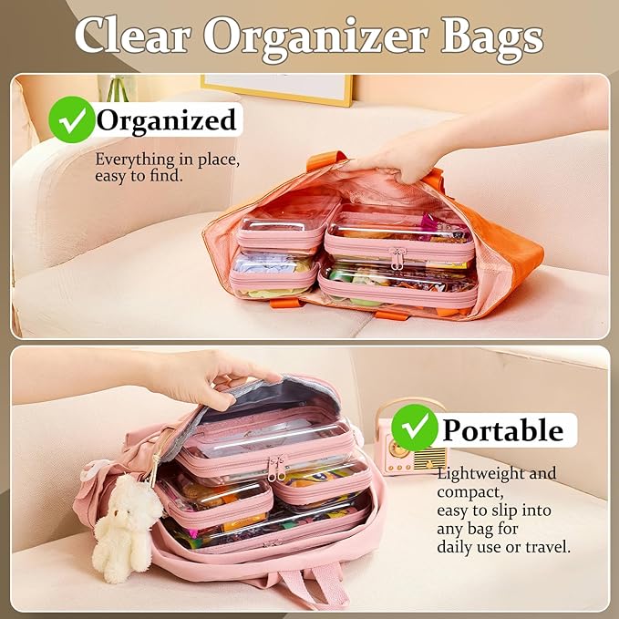 WELPIRT 4 pcs Clear Zipper Pouches,Hard Shell Zipper Case, Toiletry Bag for Travel, CLear Diaper Bag, Toiletry Pouch, Travel Organizer, Cosmetic Bag,Toy Storage Bins (M+3S) (Light Pink)