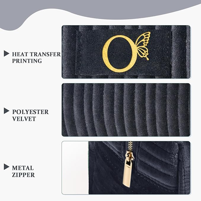 COSHAYSOO Quilted Make Up Bag Initial Velvet Cosmetic Pouch with Butterfly Decor for Women 18 19 20 21 22 23 24 25 26 27 28 29 30 40 50 Year Old Birthday Gifts, Black Letter O