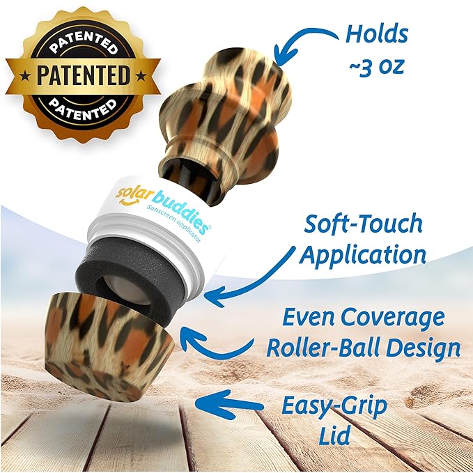 Solar Buddies Sunscreen Applicator - Leopard Single - Refillable Roll on Sponge Sunscreen, Suncream & Lotion Applicator For Kids, Adults & Families - Holds 3.4fl oz, Perfect Size for Travel