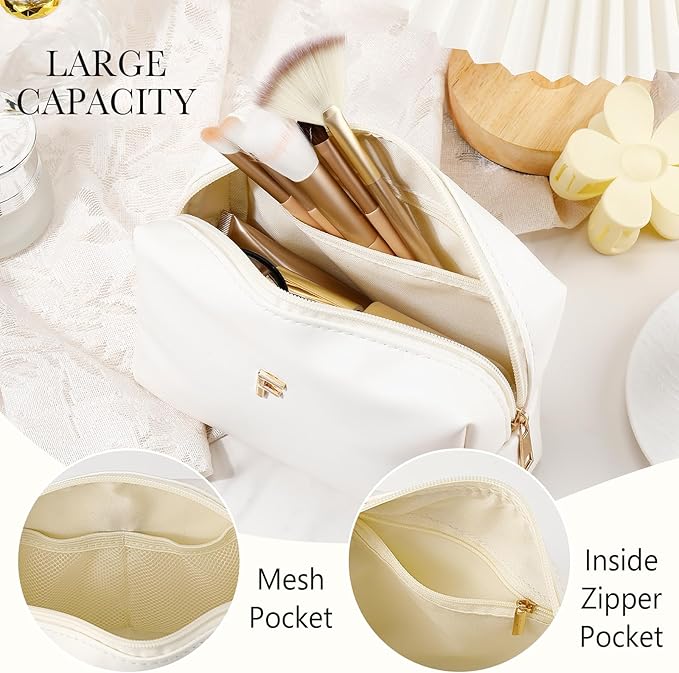 Kigeli Gifts for Women Teen Girls Gifts for Bridesmaid Mom Teachers Graduation Birthday Wedding Personalized Initial Makeup Bag Beige PU Leather Monogram Cosmetic Waterproof Travel Toiletry Bag(F)