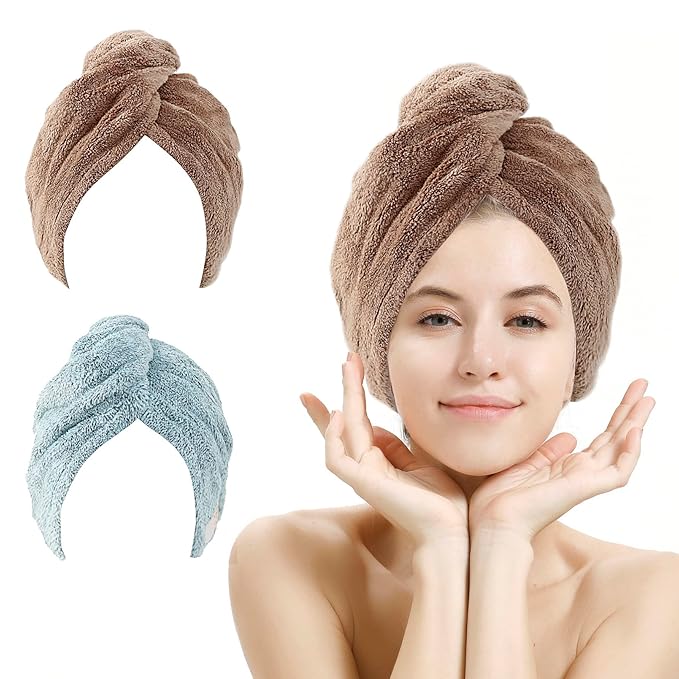 M-bestl 2 Pack Hair Drying Towels, Hair Wrap Towels,Absorbent Microfiber Hair Towel Turban with Button Design to Dry Hair Quickly(Star Green&Camel)