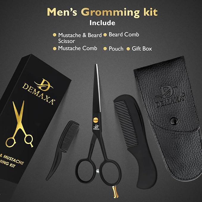 DEMAXA 5" Professional Beard Scissors for men Mustache Scissors with 1 Mustache Comb, 1 Beard Comb & Soft Pouch – Prefect Beard shears mustache kit for All Facial Hair – moustache Grooming kit for Men
