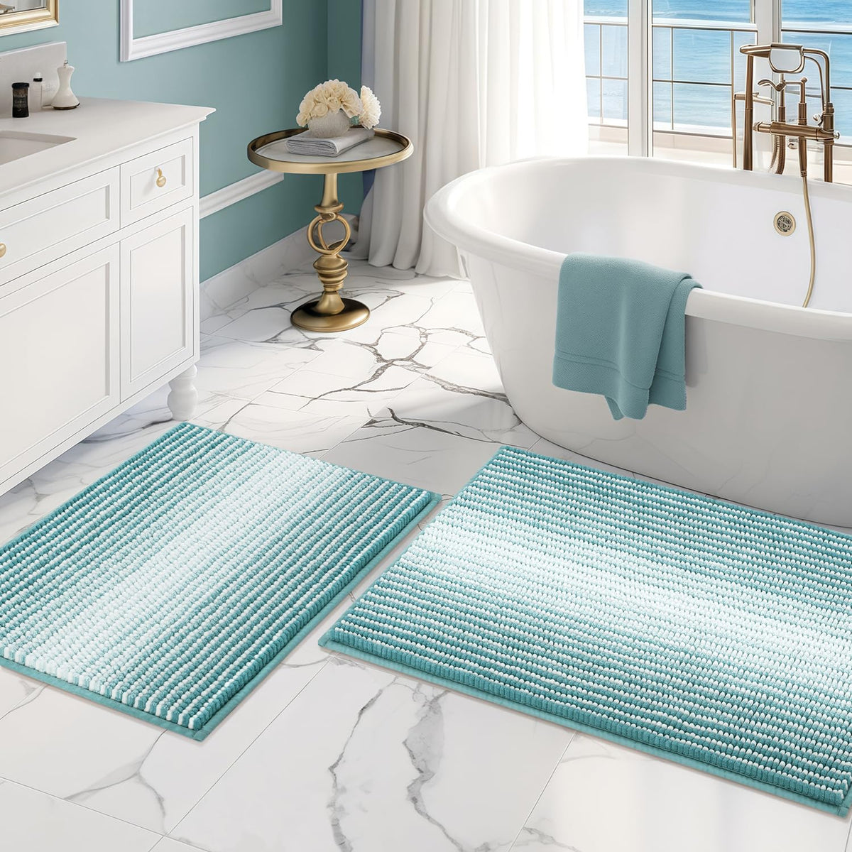 BSICPRO Fall Bathroom Rugs Sets 2 Piece, Non Slip Bath Mats, Sunset Orange
