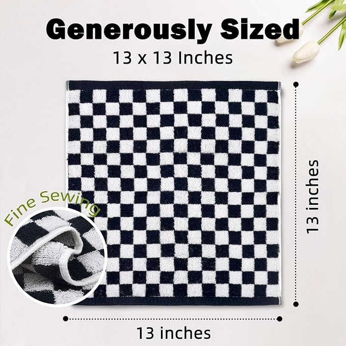Washcloths 12 Pack Checkered - Wash Cloths for Showering (13"x13") in Black