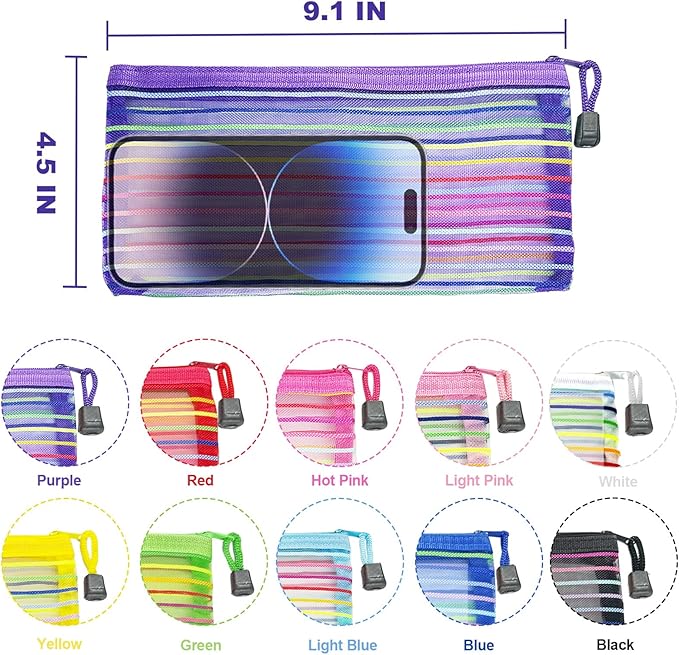 CarryEpic Mesh Bags with Zipper (10 Pack), Small Nylon Makeup Bag Cosmetic Pouches Travel Organizer for Purse Diaper Bag Home Organizing Striped Mix 10 Colors