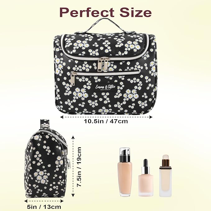 Emma & Chloe Large Cosmetic Case Makeup Organizer, Toiletry Bag for Women | 4 Section Waterproof Travel Make Up Organizing Bags (Delightful Daisies)