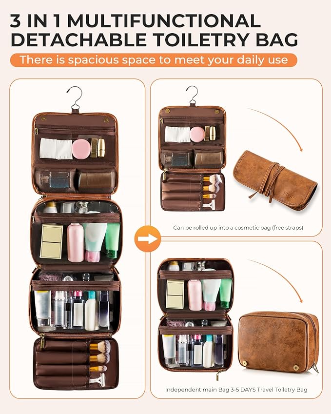 Elviros Hanging Travel Toiletry Bag Gift for Men，Mens Toiletries Bag Gifts Set Shaving Dopp Kit Water-resistant Bathroom Toiletries Organizer PU Leather Cosmetic Bags 2 Pack