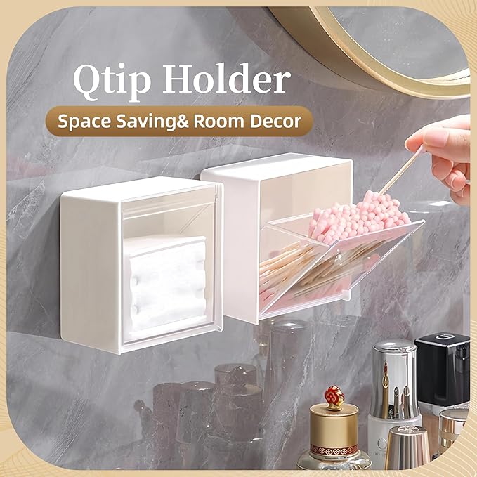 Josphlies Qtip Holder Wall Mount for Cotton Swabs, Balls, Pads, Hair Ties,Floss Picks- Small Plastic Bathroom Wall Organizers and Storage Set,Bedside Shelf,Home Decor,Dorm Room Essentials (2)