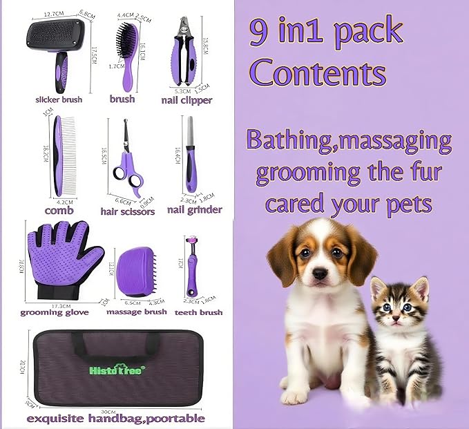 Pet Grooming Tools Kit-9 Packs Dog Cat Grooming Kit Dog Cat Grooming Supplies Dog Cat Brush Set Dog Nail Clippers and Cat Trimming Tools for Short and Long Hair Dog Cat Grooming