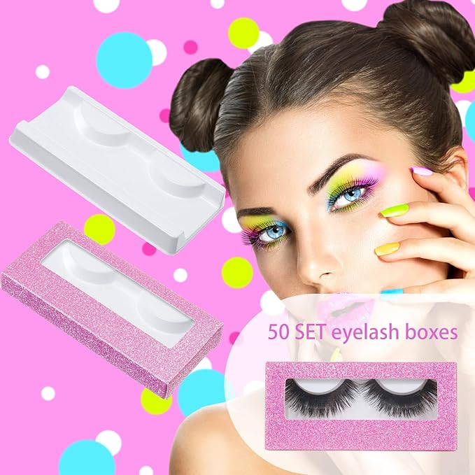 Maitys 100 Pieces Empty Eyelash Case Set, 50 Empty Eyelash Boxes and 50 Storage Trays Bulk Glitter Packaging Boxes for Travel Carry(Pink)