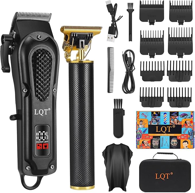 LQT® Men's Professional Hair Clippers Kit，Cordless & Corded Barber Clippers Set，Grooming Rechargeable Beard Trimmer with Adjustable Blade Black