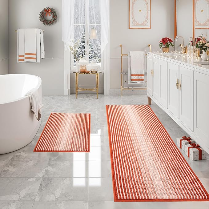 Bathroom Rugs and Mats Sets, 2 Piece Thick Absorbent Chenille Bath Mat Rug Set Non Slip, Soft Shaggy Bath Room Floor Mats for Bathroom, Machine Washable (Sunset Orange, 20" x 60" Plus 20" x 32")