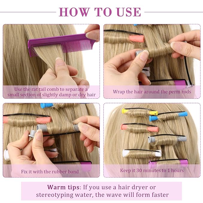WILLBOND 60 Pieces Hair Perm Rods Set Plastic Cold Wave Perming Rods for Natural Hair Long Short Curling Rollers with Rat Tail Comb for Hairdressing(Soft Color,Multi Sizes)