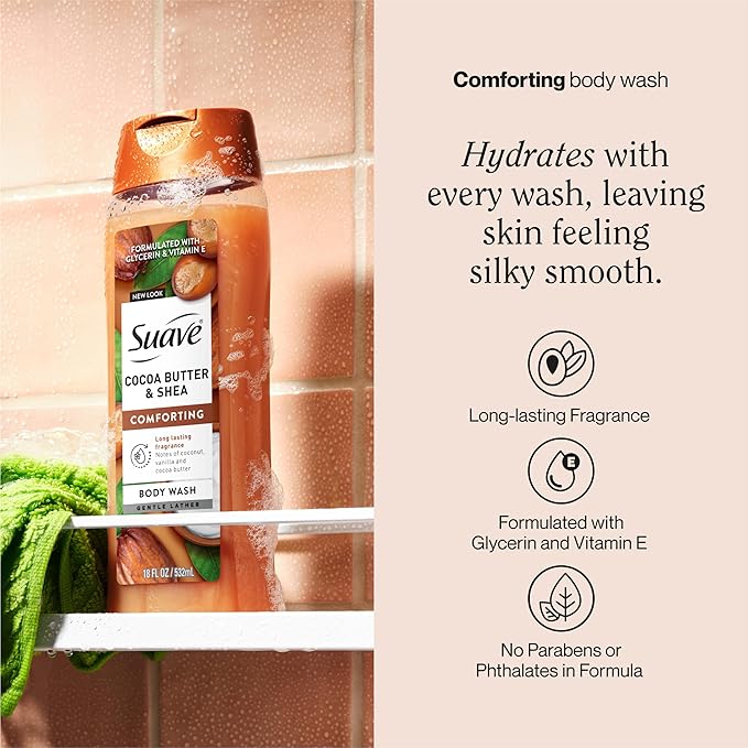 Suave Moisturizing Body Wash, Cocoa Butter and Shea with Vitamin E Extract, No Parabens, No Phtahaltes, 18 Oz Pack of 6