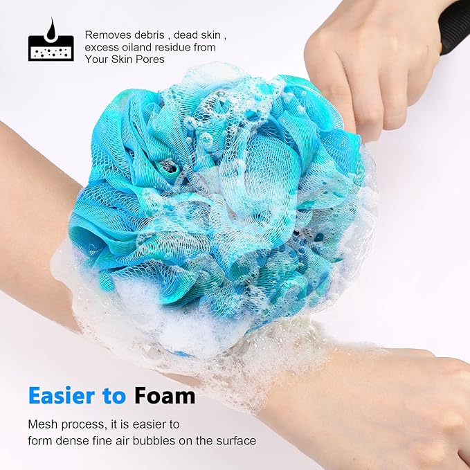 FORENEE Blue and Green Loofah on a Stick, PE Mesh Back Scrubber