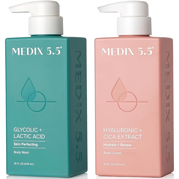 Medix 5.5 Exfoliating AHA Glycolic Acid Face & Body Wash Cleanser + Hyaluronic Acid Moisturizing Body Cream Lotion Skin Care 2-Piece Set, Alpha Hydroxy & Lactic Foaming Face Wash