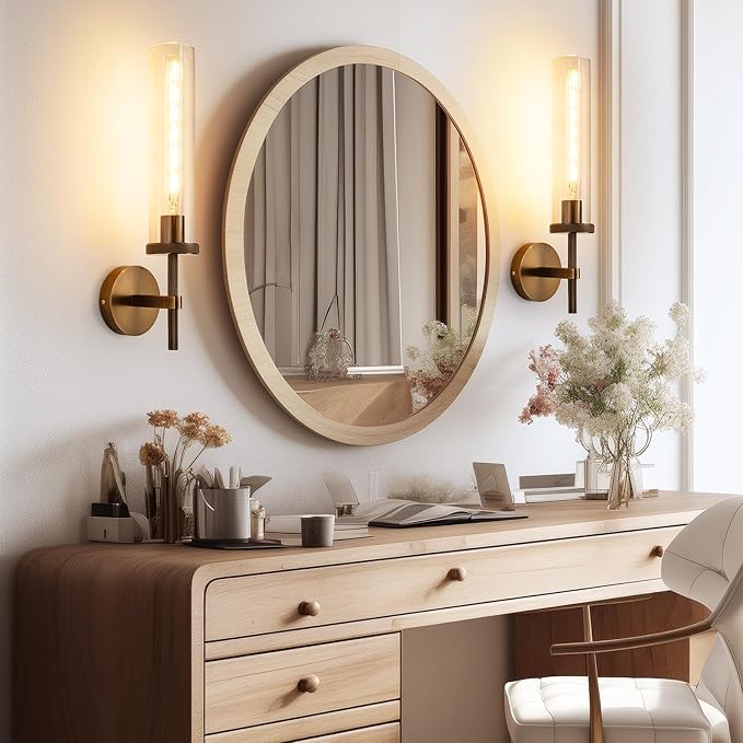 19.5" Knurled Bronze Wall Sconces Set of 2, Bathroom Vanity Light Fixtures with Clear Glass Tube, Modern Lamp Lighting for Bedroom, Living Room, Hallway, Staircase, Mirror, Kitchen