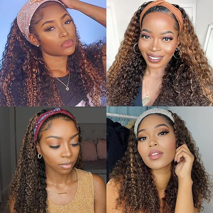 Aiterina Deep Wave Human Hair Wig Highlight Ombre Highlight Curly Human Hair Wig Headband Wigs for Black Women None Lace Front Wigs 150% Density 4/27 Highglight Wig 150% Density 8 inch