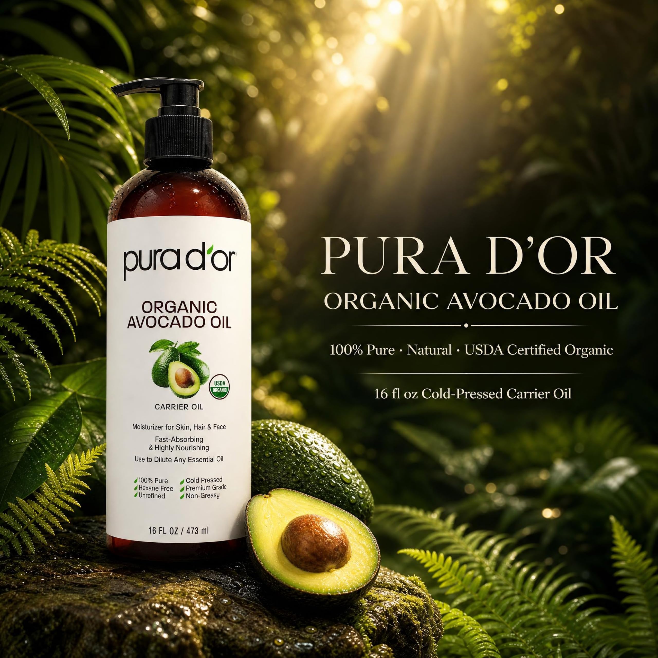 PURA D'OR ORGANIC Avocado Oil (16 Oz) 100% Pure & Natural USDA Certified Cold Pressed