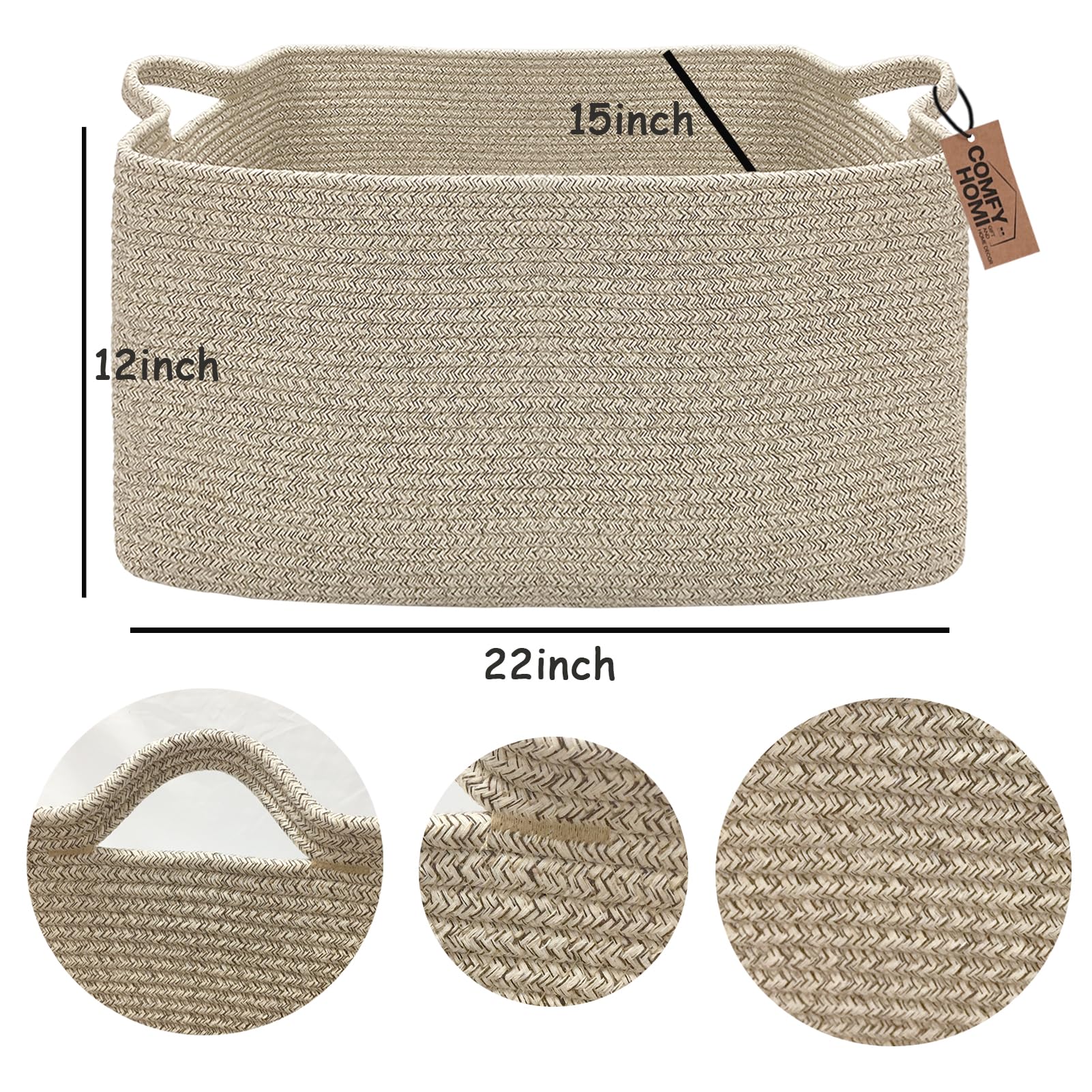 COMFY-HOMI Large Rectangular Blanket, Cotton Rope Woven for Storage, LaundryHamper, Storage,Toy Organizing Bin with Handle, Organizer and Storage-22x15x12-