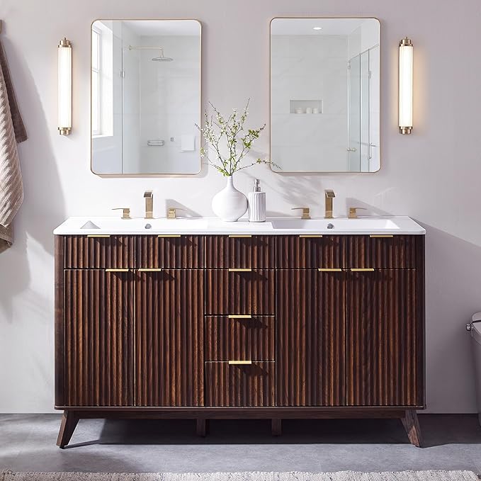 T4TREAM 60" Fluted Bathroom Vanity with Resin Sink Combo，Freestanding Modern Bathroom Storage Vanity Cabinet with Soft Closing Doors & 3 Drawers，Wood Grain Texture，Metal Handle，Dark Walnut