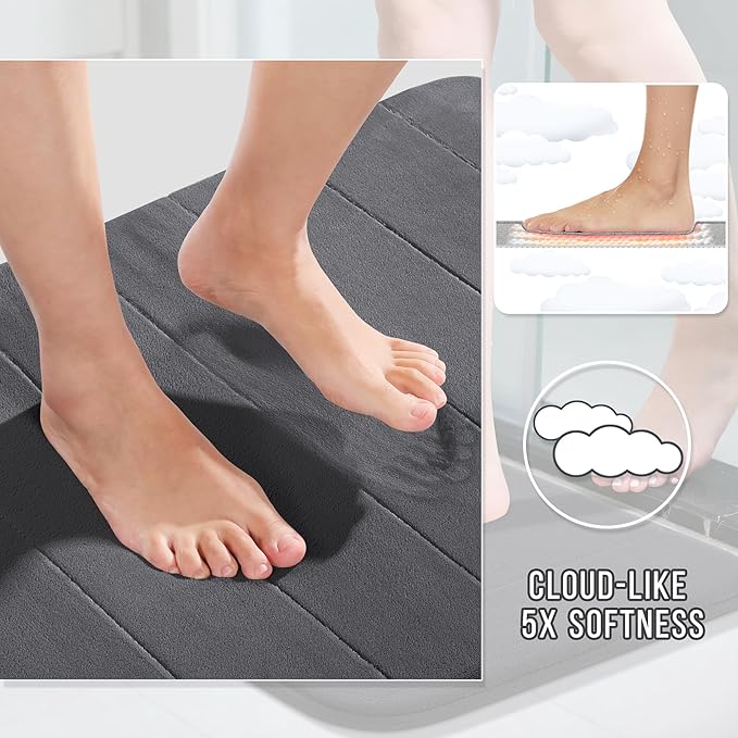 Yimobra Memory Foam Bath Mat Set 2 Piece - Super Soft Absorbent Quick Dry Bathroom Toilet Rugs, Machine Washable Non Slip Floor Carpet for Tub Shower & Single Sink (31.5x20 & 24x20, Dark Gray)