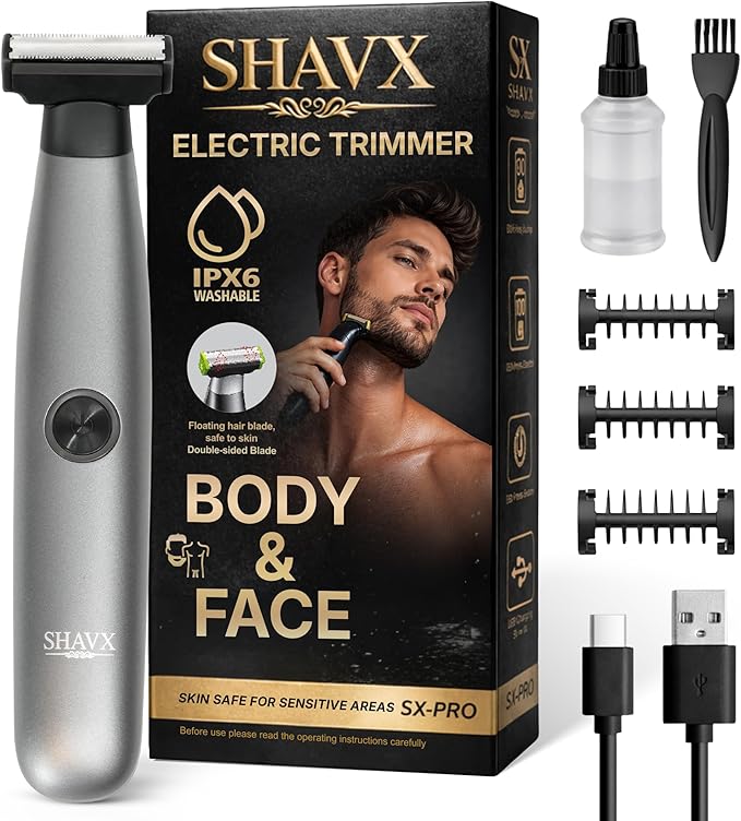 Groin & Body Hair Trimmer Electric Shaver for Men – Pubic & Ball Full Body Grooming – Skin-Safe for Sensitive Areas, Beard, Chest & Legs – Dual Blades Waterproof Wet/Dry IPX6 Rechargeable with 3 Combs