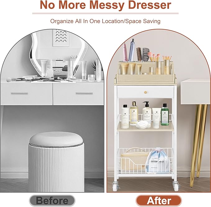 NauwaBarn Makeup Organizer Cart with Removable Cosmetic Display Case, Large Makeup Cart with Drawer and 4 SS Tool Cups, 2-in-1 Vanity Organizer for Skincare Perfume Nail Polish Brush, White & Natural