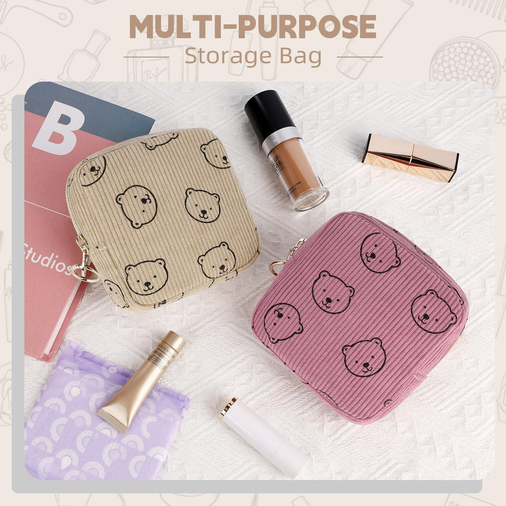 Playexen Period Bag for Teen Girls, Corduroy Sanitary Napkin Storage Bag, Menstrual Pad Pouches Tampon Holder for Purse (Bears-Pink)