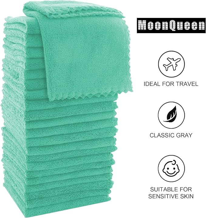 MOONQUEEN Ultra Soft Premium Washcloths Set - 12 x 12 inches - 72 Pack - Quick Drying - Highly Absorbent Coral Velvet Bathroom Wash Clothes (Aqua Green)