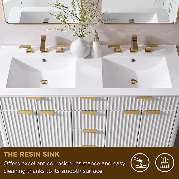 T4TREAM 48" Fluted Bathroom Vanity with Resin Sink Combo，Freestanding Modern Bathroom Storage Vanity Cabinet with Soft Closing Doors & 2 Drawers，Wood Grain Texture，Metal Handle，White