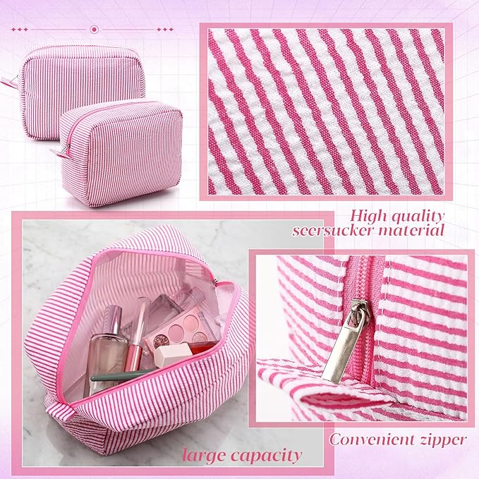 Sanwuta 9 Seersucker Cosmetic Bag Bulk Striped Makeup Bag for Women Aesthetic Cute Travel Toiletry Organizer Preppy Storage Pouch for Wedding Bridesmaid Mother's Day Teacher Gift (Large,Pink)
