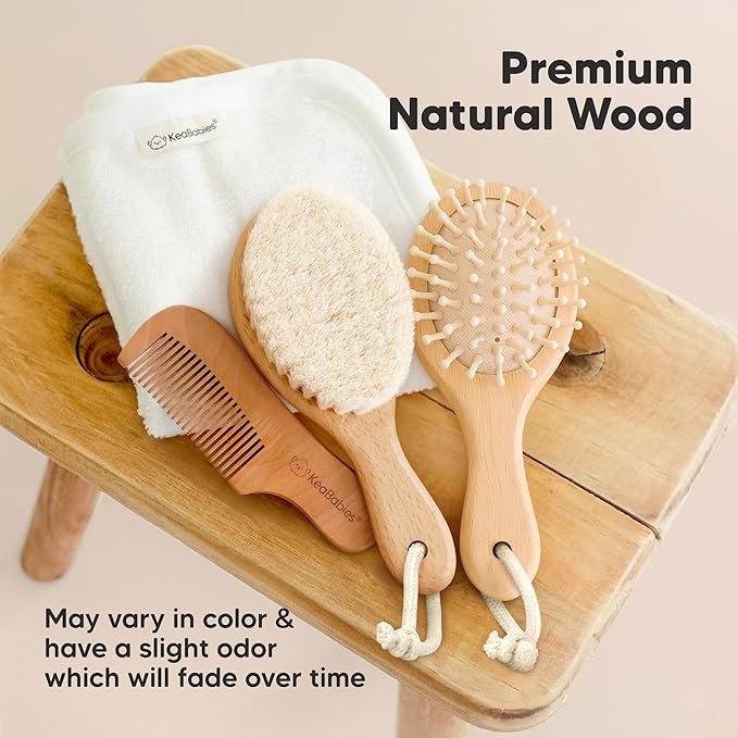 Wooden Baby Hair Brush - Cradle Cap Baby Brush with Soft Goat Bristles, Perfect Gentle Scalp Newborn Comb for Infant, Girls, Boys, Bath Essentials (Walnut, Petite)