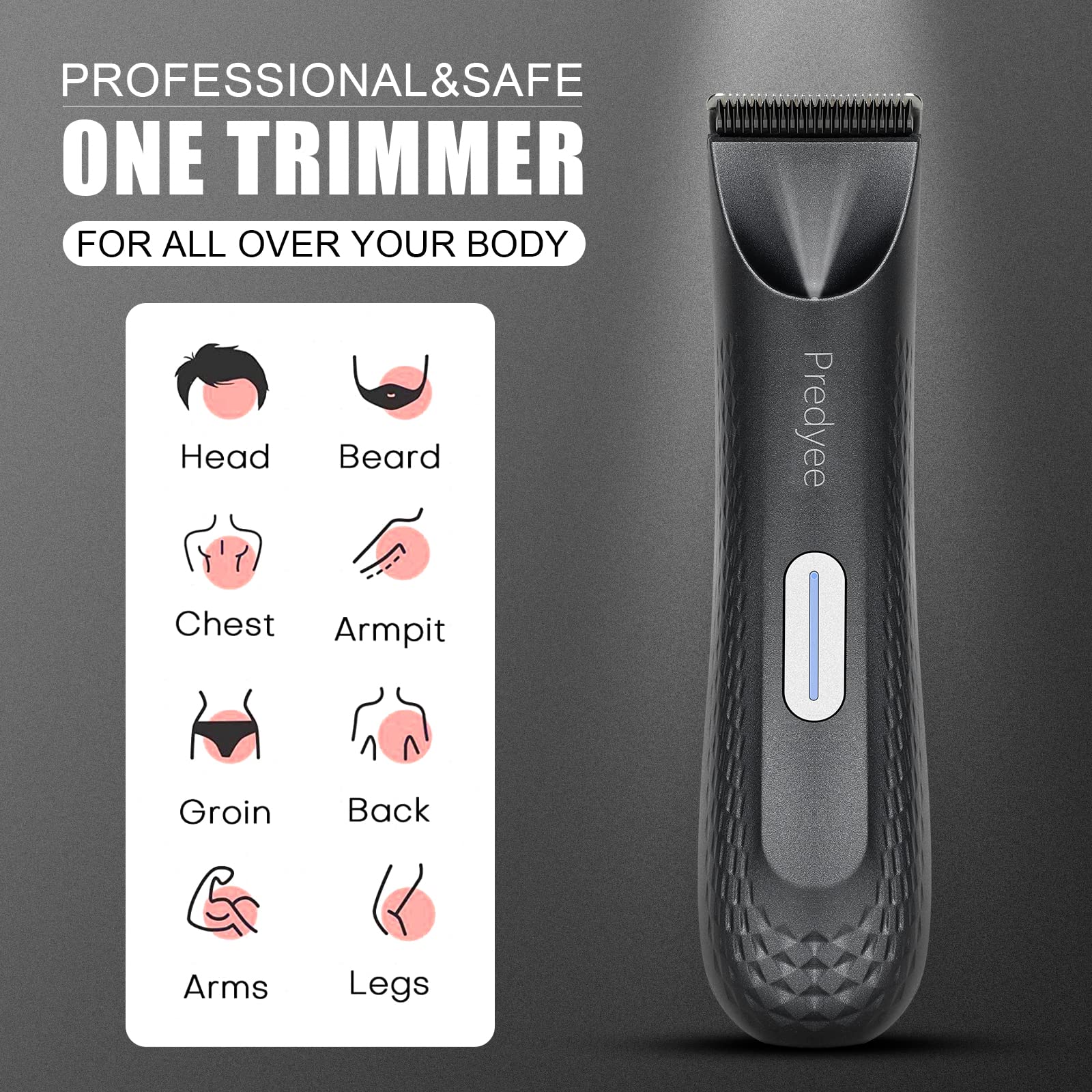 Predyee Manscape Ball Trimmer for Men, Body Hair Trimmer with Safe Ceramic Blade, IPX7 Waterproof Groin & Pubic Hair Clipper with LED Light, USB-C Rechargeable Wet/Dry Manscaping Shaver