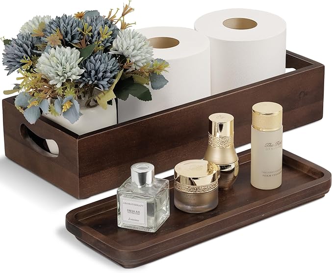 DEMIGO Toilet Tank Topper & Vanity Tray, Acacia Wood Decor Set, Dark Brown