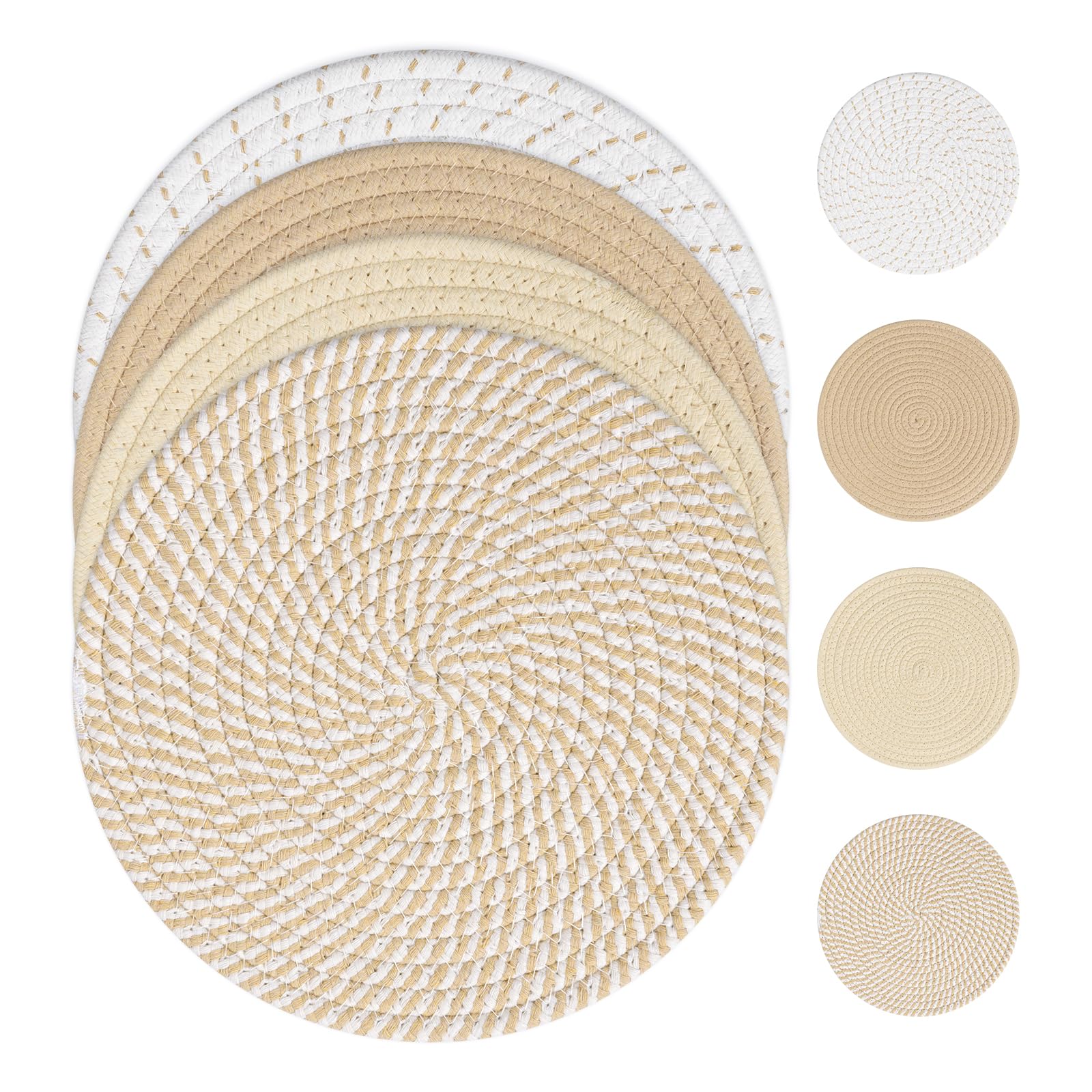 SHACOS 10 Inches Trivets for Hot Dishes, 4 Pieces Cotton Trivets Mats for Kitchen, Hot Pads for Countertops and Table, Heat-Resistant Pot Holders for Hot Pots and Pans(Khaki, 4pcs)
