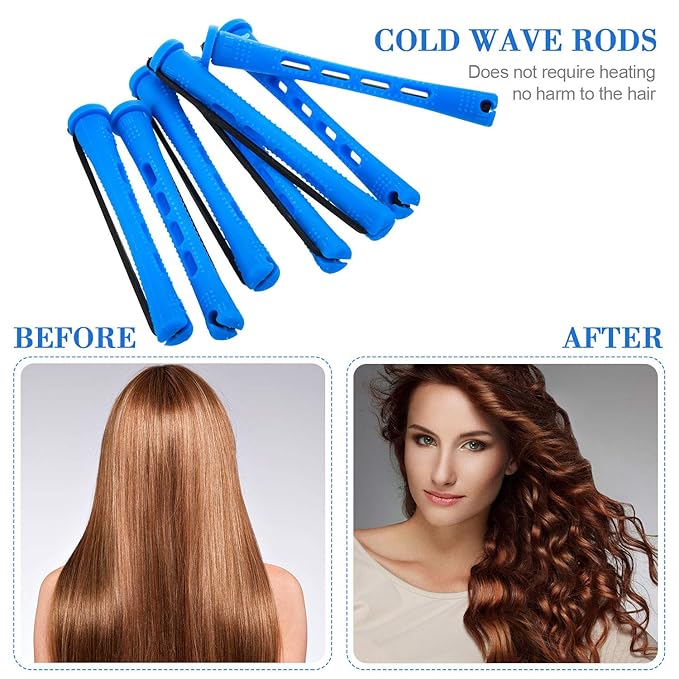 Chuangdi 24 Pcs Hair Perm Rods Plastic Cold Wave Perming Curlers Hair Rollers with Steel Pintail Comb Rat Tail Comb Tools for Hairdressing Styling(Blue,0.35 Inches)
