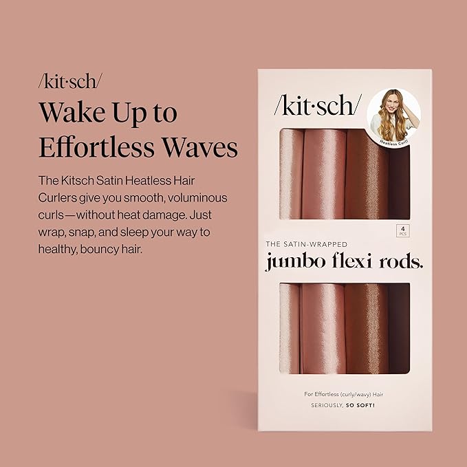 Kitsch Satin Jumbo Flexi Rods, Heatless Curling Rods - No Heat Curls Overnight, Comfortable Hair Curlers to Sleep In for Frizz-Free and No Heat Damage Styling - 4pcs, Rosewood