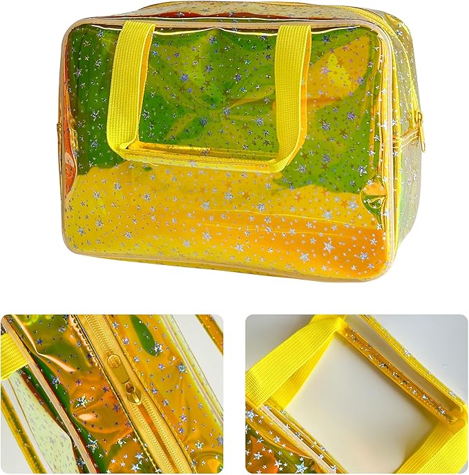 TotePrint Holographic Yellow Clear Star Large Cosmetic Bag and TPU Travel Pouch with Handle,Durable Material,Zipper Design-Ideal for Makeup,Travel Essentials (Yellow)