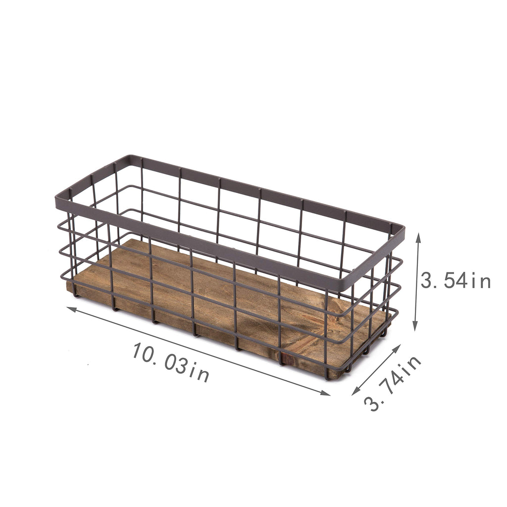 TIEYIPIN Small Metal Wire Storage Basket, Detachable Wood Base Storage Organizer Bin Basket for Kitchen Cabinets, Bathroom, Pantry, Garage, Laundry Room - Brown (2 Pack)