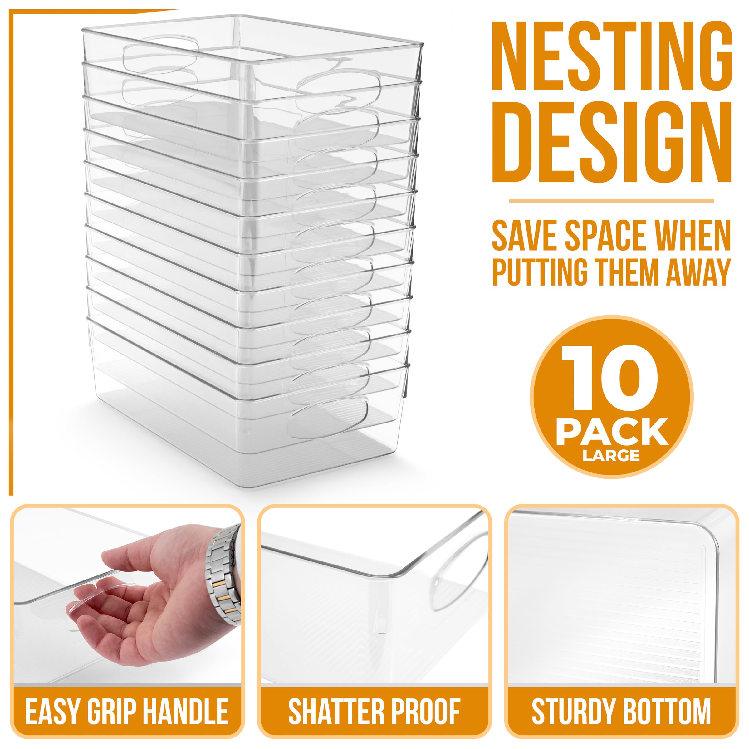 Sorbus Large Clear Plastic Storage Bins, 10 Pack Clear Organizer Bins with Handles, Plastic Storage Bins for Closet, Pantry, Fridge, Medicine Cabinet Organizer, Shelves, Freezer, Drawer