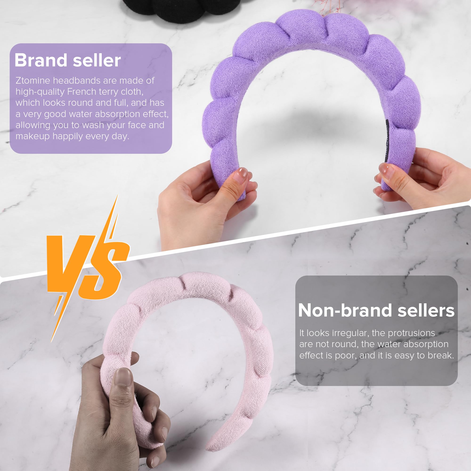Ztomine Terry Cloth Spa Headbands for Washing Face or Facial, Set of 2, Black & Purple - Puffy Makeup Headbands for Face Washing, Mask, Skin Treatment