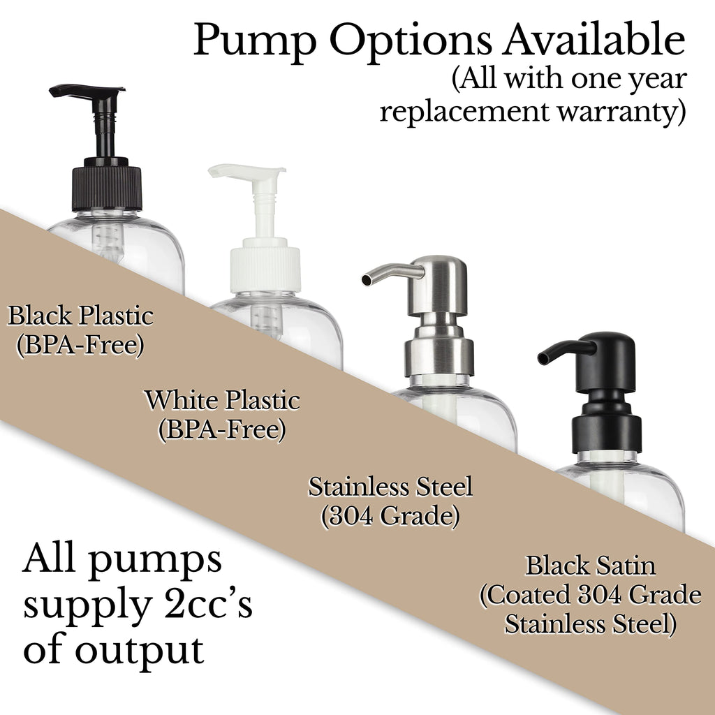 Clear Refillable Shampoo and Conditioner Bottles - Body Wash, Shampoo and Conditioner Dispenser - PET Plastic Shampoo Bottles Refillable with Pump - Waterproof Labels - 16 oz, 3 Pack (Black Plastic)