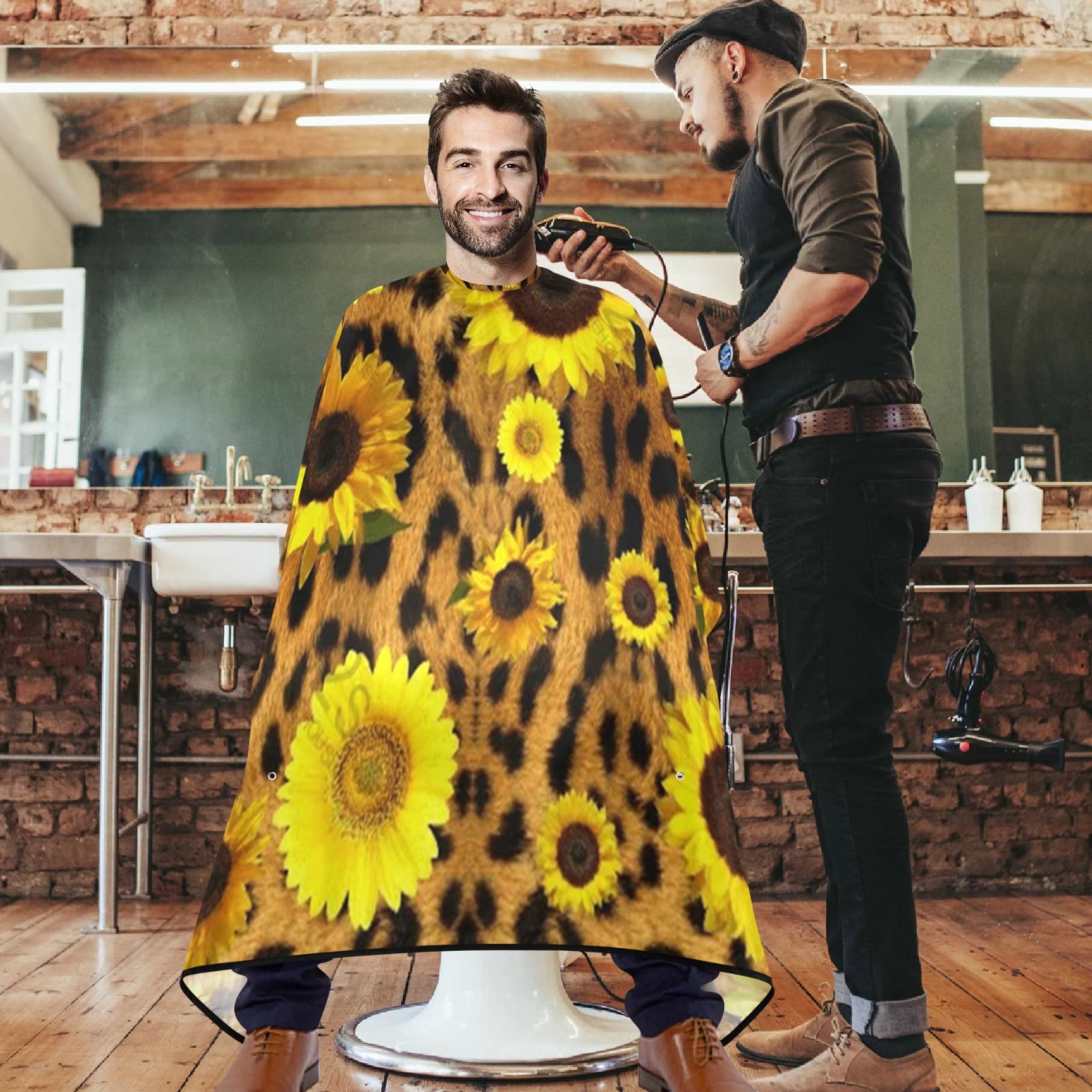 visesunny Barber Cape Classic Sunflower Leopard Print Polyester Hair Cutting Salon Cape Apron Anti-Static Haircut Water-Resistant Shaving Cloth Beard Shaving Bib Hairdressing Cape